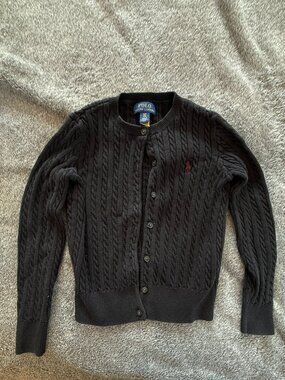 Polo Ralph Lauren Girls Black Cable Knit Cardigan Sweater Size S/P (7) Red Pony